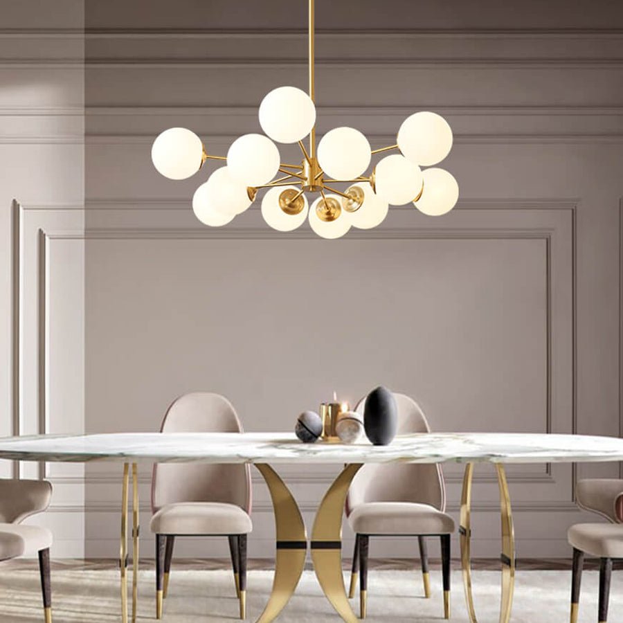 Dual-Tier Chandelier with 12 Opal Glass Globes in Brass Finish – 35 in Wide Statement Fixture for Dining Rooms, Living Spaces & Entryways