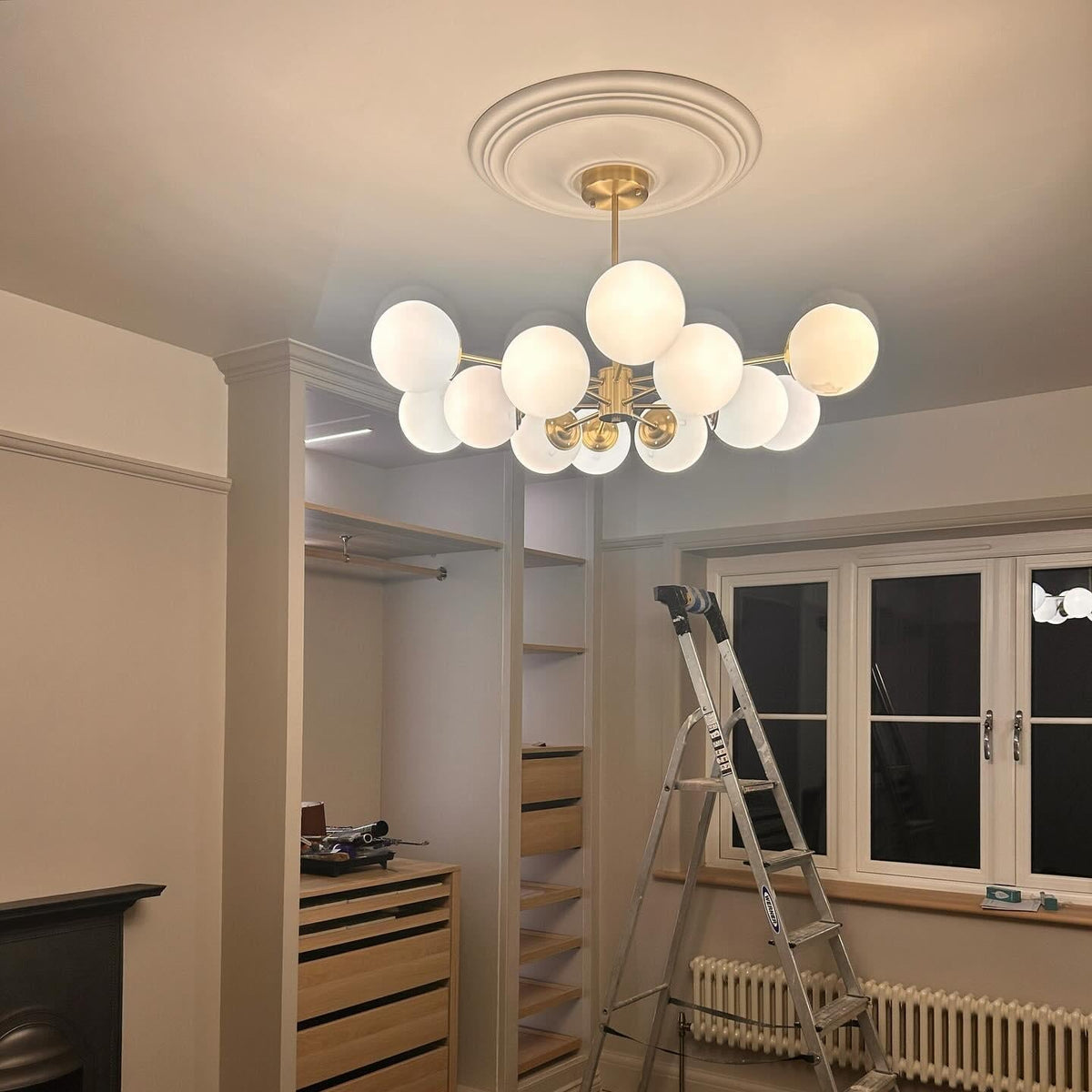 Dual-Tier Chandelier with 12 Opal Glass Globes in Brass Finish – 35 in Wide Statement Fixture for Dining Rooms, Living Spaces & Entryways