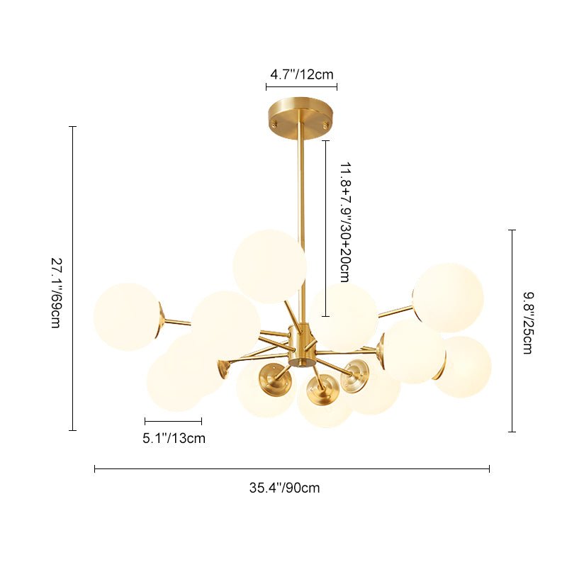 Dual-Tier Chandelier with 12 Opal Glass Globes in Brass Finish – 35 in Wide Statement Fixture for Dining Rooms, Living Spaces & Entryways