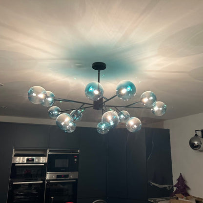 Dimmable Glass Globe Pendant Light 44 in Wide 15-Bulb Branch Fixture Black Gold Frame Azure Blue Orbs for Dining Room Great Room Kitchen Isl