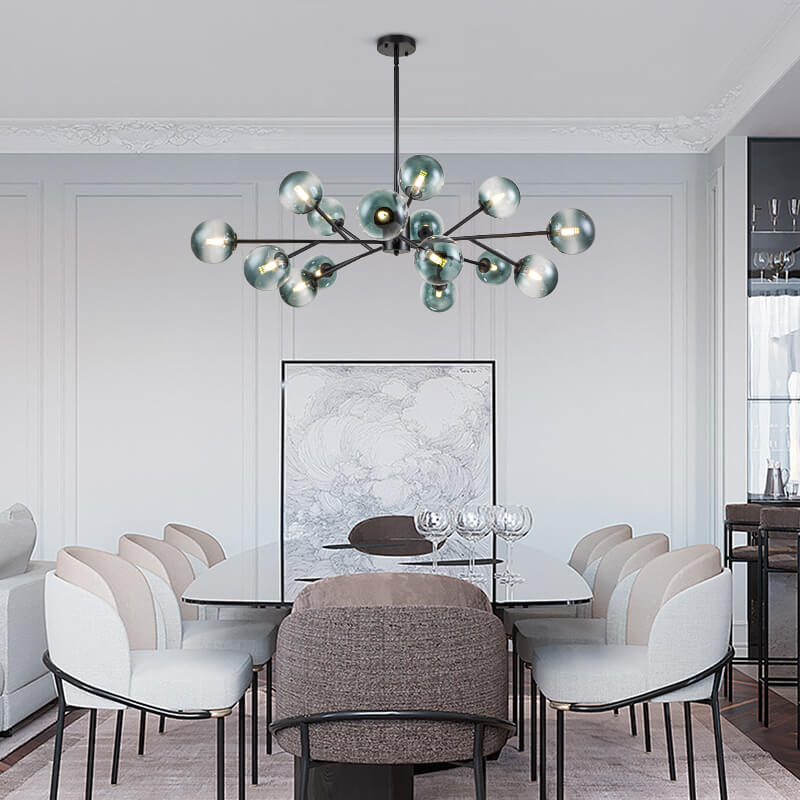 Dimmable Glass Globe Pendant Light 44 in Wide 15-Bulb Branch Fixture Black Gold Frame Azure Blue Orbs for Dining Room Great Room Kitchen Isl