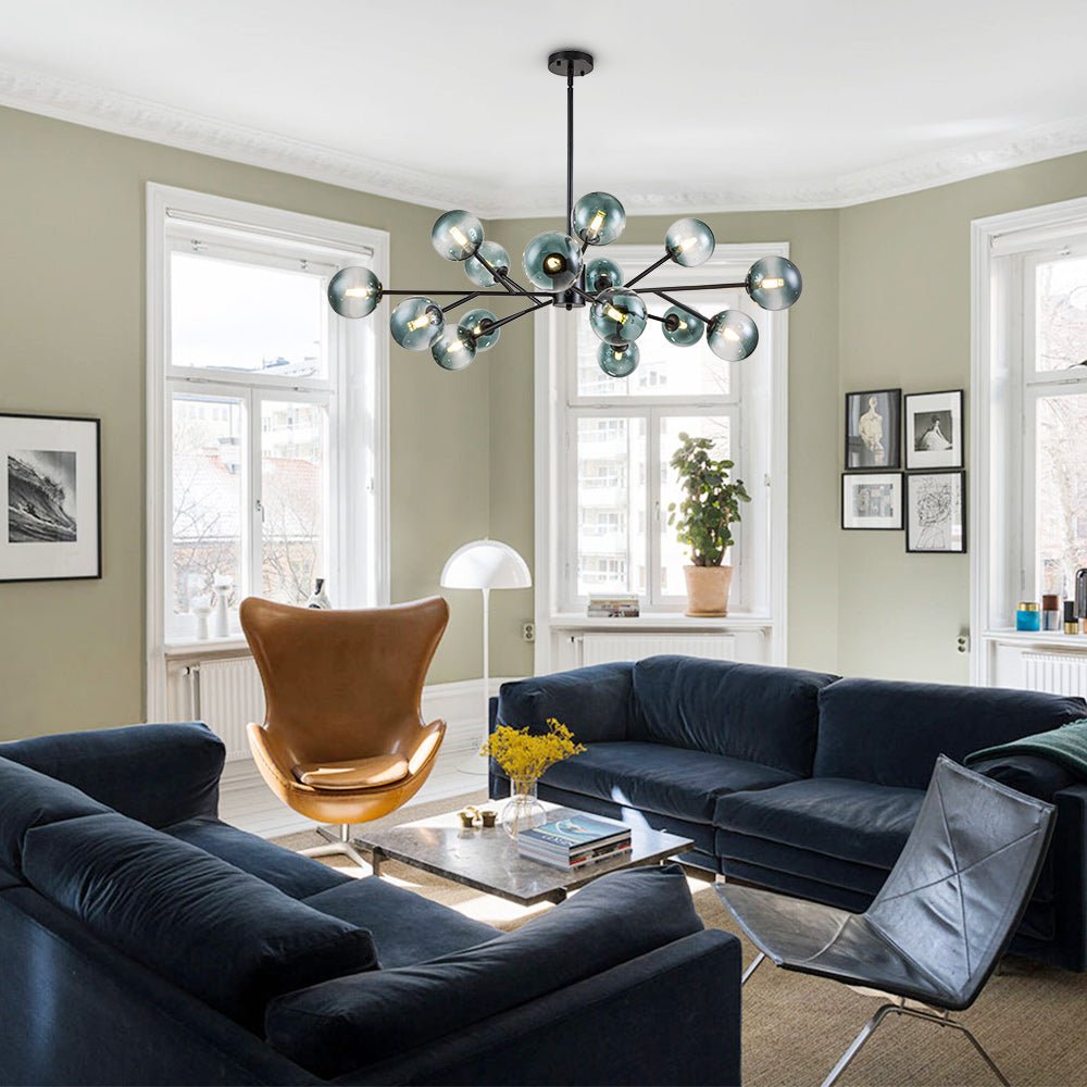 Dimmable Glass Globe Pendant Light 44 in Wide 15-Bulb Branch Fixture Black Gold Frame Azure Blue Orbs for Dining Room Great Room Kitchen Isl