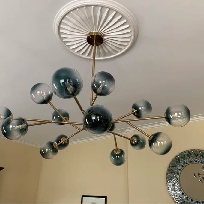 Dimmable Glass Globe Pendant Light 44 in Wide 15-Bulb Branch Fixture Black Gold Frame Azure Blue Orbs for Dining Room Great Room Kitchen Isl