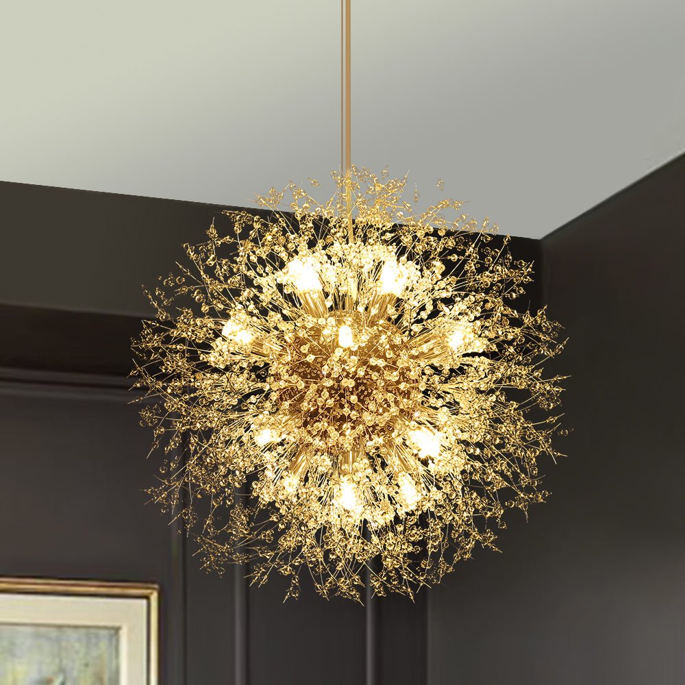 Lustre cristal Starburst 31,5 pouces, métal laiton chrome, hauteur réglable, luminaire de plafond pour salle à manger et entrée avec douilles G9