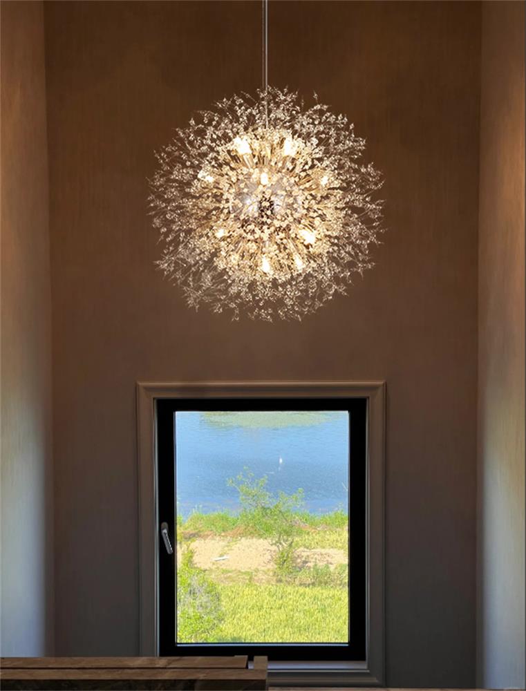 Lustre cristal Starburst 31,5 pouces, métal laiton chrome, hauteur réglable, luminaire de plafond pour salle à manger et entrée avec douilles G9