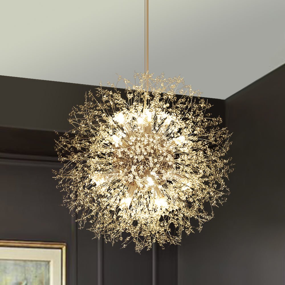 Lustre cristal Starburst 31,5 pouces, métal laiton chrome, hauteur réglable, luminaire de plafond pour salle à manger et entrée avec douilles G9
