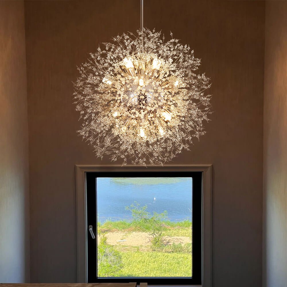 Lustre cristal Starburst 31,5 pouces, métal laiton chrome, hauteur réglable, luminaire de plafond pour salle à manger et entrée avec douilles G9
