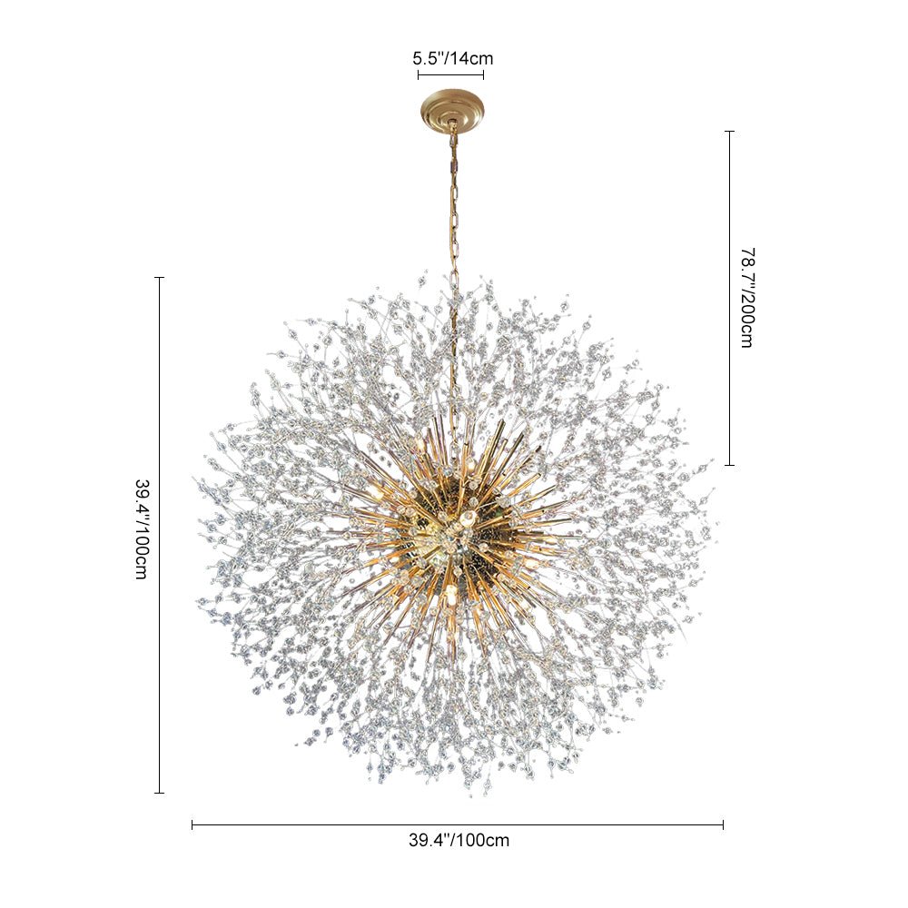 39-Inch Starburst Pendant Fixture 20-Light Acrylic Crystal Metal Frame Dining Room Entryway Brass Chrome Adjustable Chain Ceiling Light G9 L