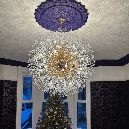 39-Inch Starburst Pendant Fixture 20-Light Acrylic Crystal Metal Frame Dining Room Entryway Brass Chrome Adjustable Chain Ceiling Light G9 L