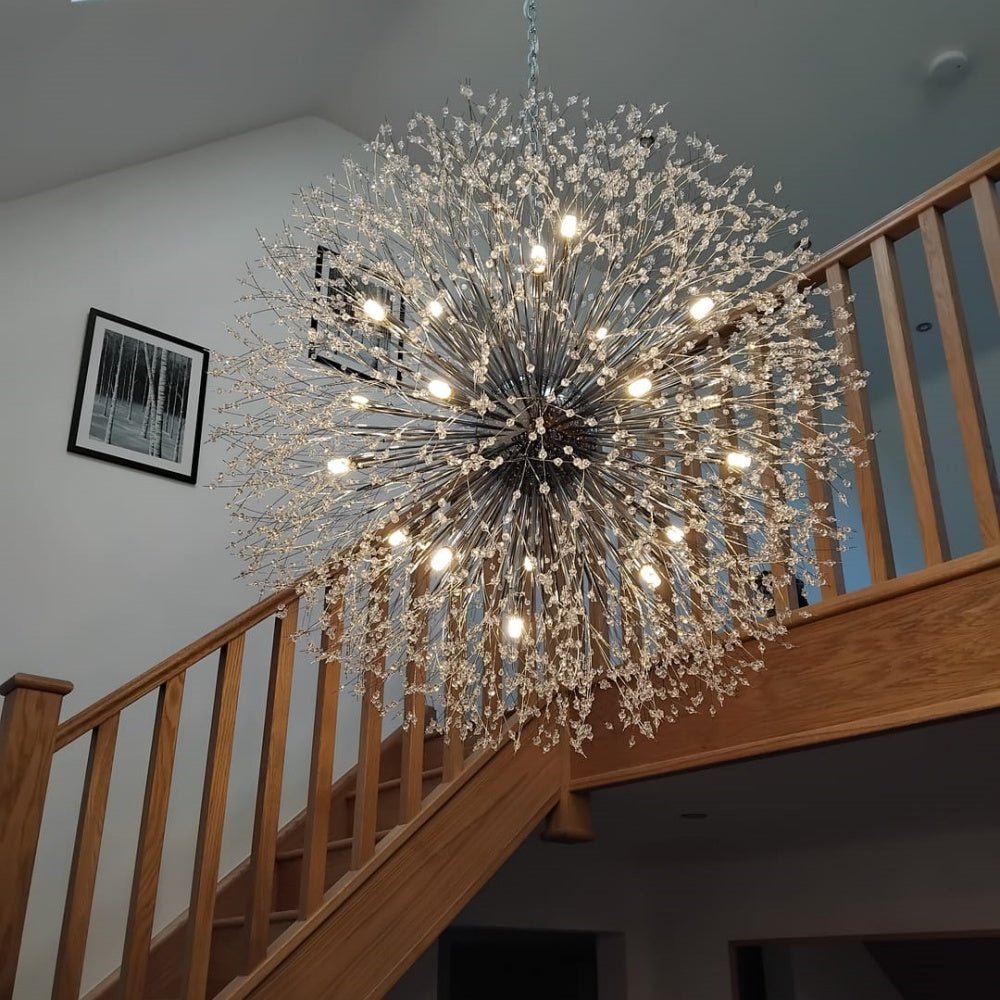 39-Inch Starburst Pendant Fixture 20-Light Acrylic Crystal Metal Frame Dining Room Entryway Brass Chrome Adjustable Chain Ceiling Light G9 L