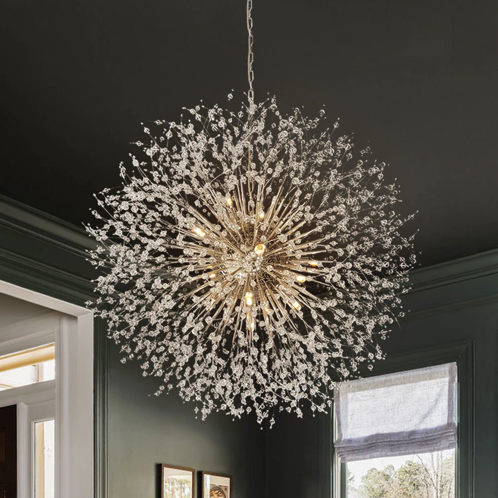 39-Inch Starburst Pendant Fixture 20-Light Acrylic Crystal Metal Frame Dining Room Entryway Brass Chrome Adjustable Chain Ceiling Light G9 L