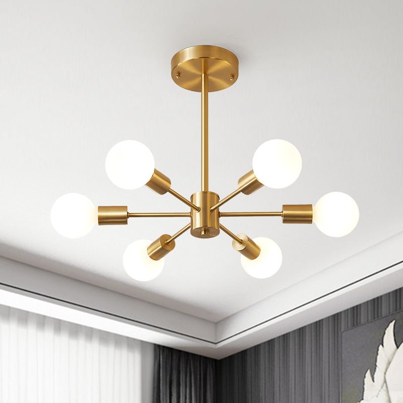 Six-Arm Brass Sputnik Chandelier 17 in Wide Mid-Century Pendant Light for Dining Room Living Room Hardwired Ceiling Fixture Dimmable Modern