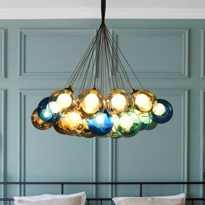 Multicolor Glass Globe Chandelier 20 Inch Cluster Adjustable Height Ceiling Light for Kitchen Dining Room Living Room Statement Lighting Fix