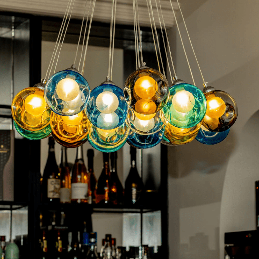 Multicolor Glass Globe Chandelier 20 Inch Cluster Adjustable Height Ceiling Light for Kitchen Dining Room Living Room Statement Lighting Fix