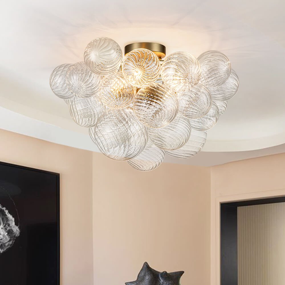 Plafonnier semi-encastré à trois globes, 21 po, sphères en verre texturé pour éclairage ambiant de salle de bain, chambre ou salon, douille E14