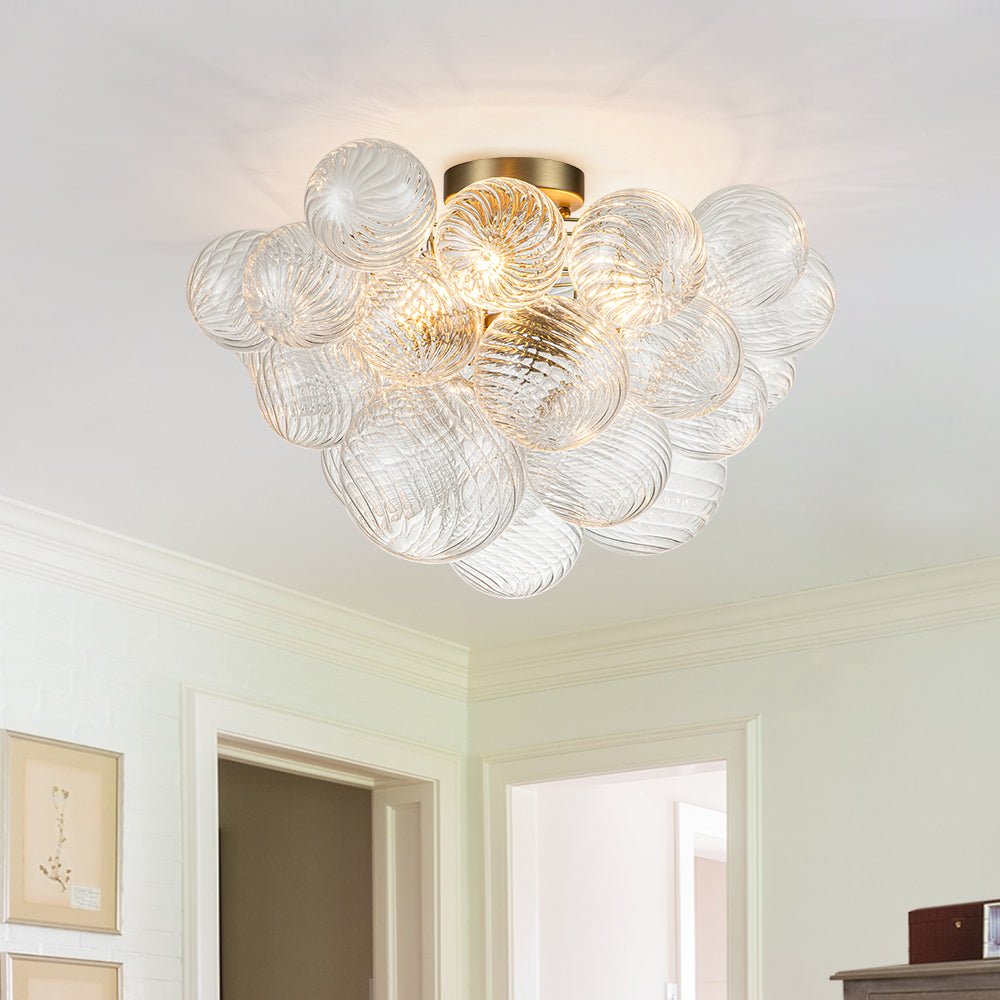 Plafonnier semi-encastré à trois globes, 21 po, sphères en verre texturé pour éclairage ambiant de salle de bain, chambre ou salon, douille E14