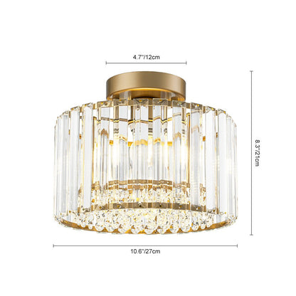 Flush Mount Crystal Fixture with Brass Tone – Dimmable Overhead Light for Entryways, Compact Rooms & Hallways – 10.6 in × 8.3 in Drum Design