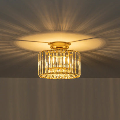 Flush Mount Crystal Fixture with Brass Tone – Dimmable Overhead Light for Entryways, Compact Rooms & Hallways – 10.6 in × 8.3 in Drum Design