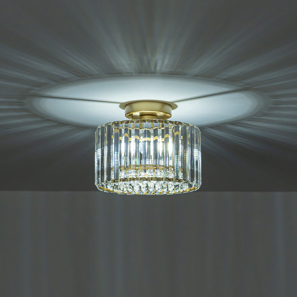 Flush Mount Crystal Fixture with Brass Tone – Dimmable Overhead Light for Entryways, Compact Rooms & Hallways – 10.6 in × 8.3 in Drum Design