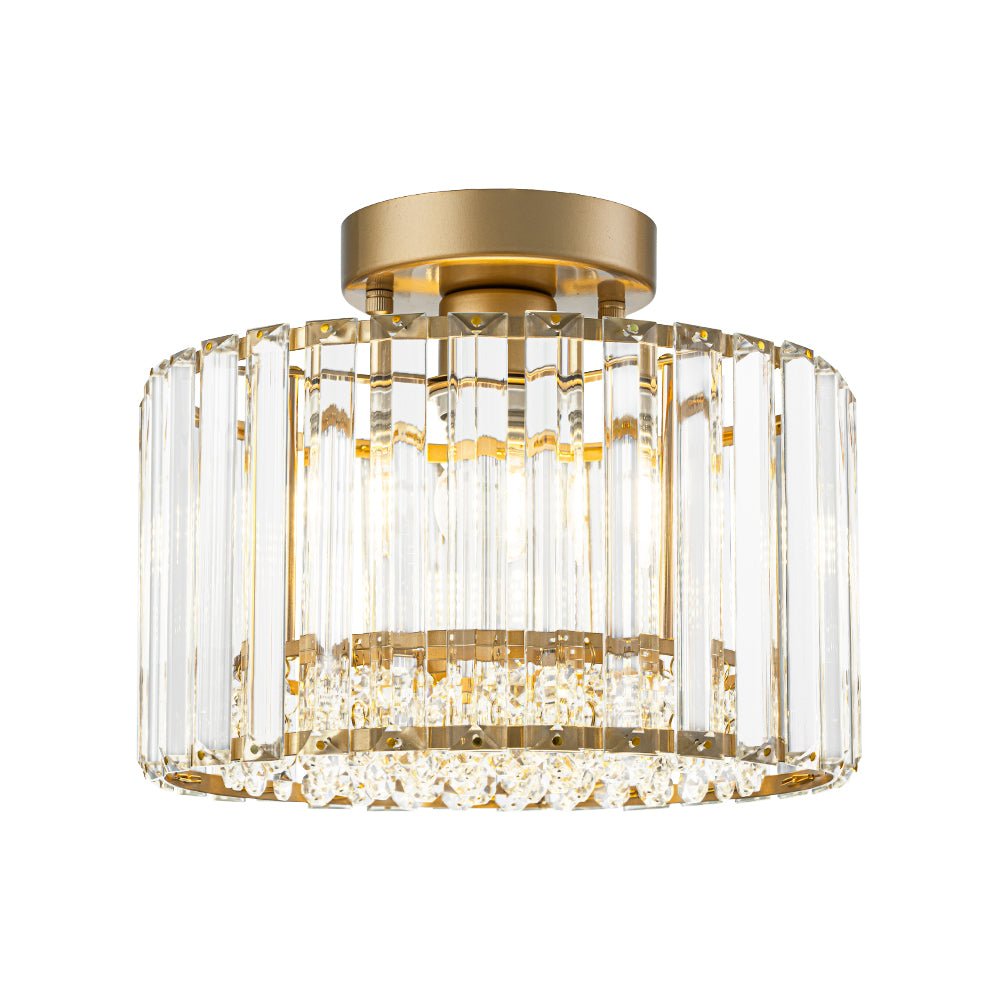 Flush Mount Crystal Fixture with Brass Tone – Dimmable Overhead Light for Entryways, Compact Rooms & Hallways – 10.6 in × 8.3 in Drum Design