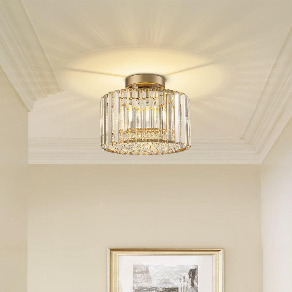 Flush Mount Crystal Fixture with Brass Tone – Dimmable Overhead Light for Entryways, Compact Rooms & Hallways – 10.6 in × 8.3 in Drum Design