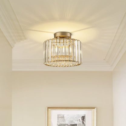 Flush Mount Crystal Fixture with Brass Tone – Dimmable Overhead Light for Entryways, Compact Rooms & Hallways – 10.6 in × 8.3 in Drum Design