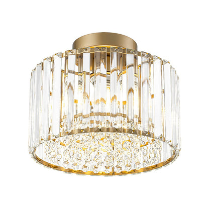 Flush Mount Crystal Fixture with Brass Tone – Dimmable Overhead Light for Entryways, Compact Rooms & Hallways – 10.6 in × 8.3 in Drum Design