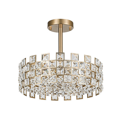 Semi-Flush Crystal Drum Light 15 Inch Dimmable Chrome Brass Metal Glass for Bedroom Living Room Dining Room Hallway Entry Foyer Modern Glam