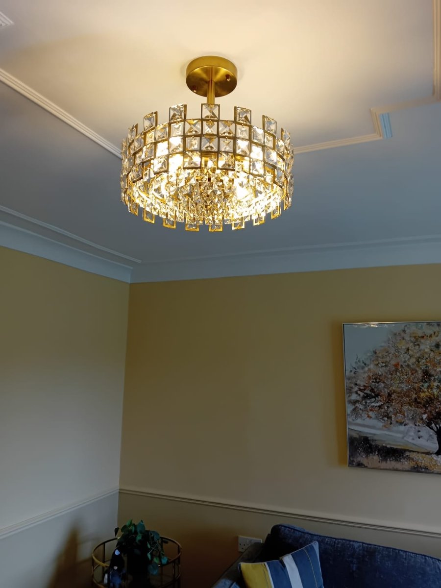Semi-Flush Crystal Drum Light 15 Inch Dimmable Chrome Brass Metal Glass for Bedroom Living Room Dining Room Hallway Entry Foyer Modern Glam