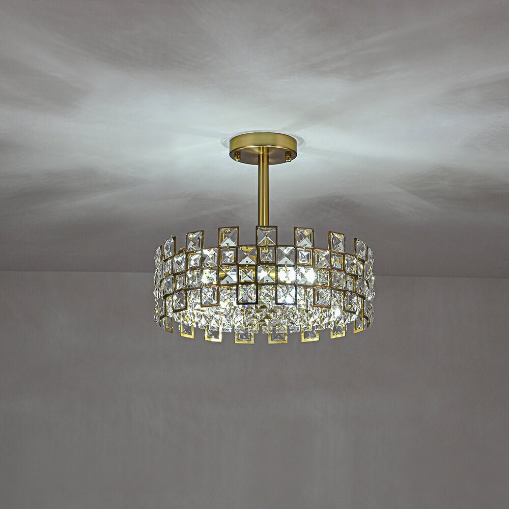 Semi-Flush Crystal Drum Light 15 Inch Dimmable Chrome Brass Metal Glass for Bedroom Living Room Dining Room Hallway Entry Foyer Modern Glam