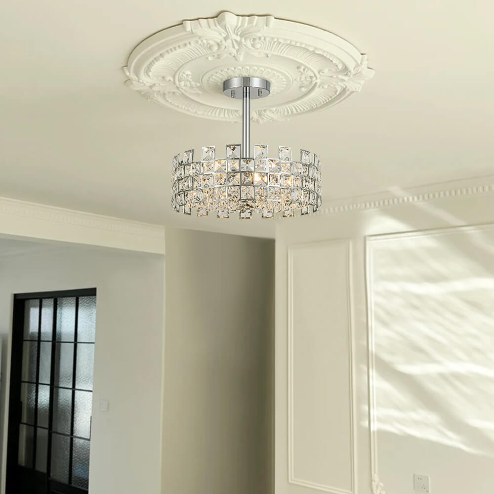 Semi-Flush Crystal Drum Light 15 Inch Dimmable Chrome Brass Metal Glass for Bedroom Living Room Dining Room Hallway Entry Foyer Modern Glam