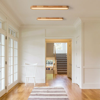 Oval LED Flush Mount Ceiling Light with Wood-Look Frame 37 in Dimmable Kitchen & Living Room Remote Fixture