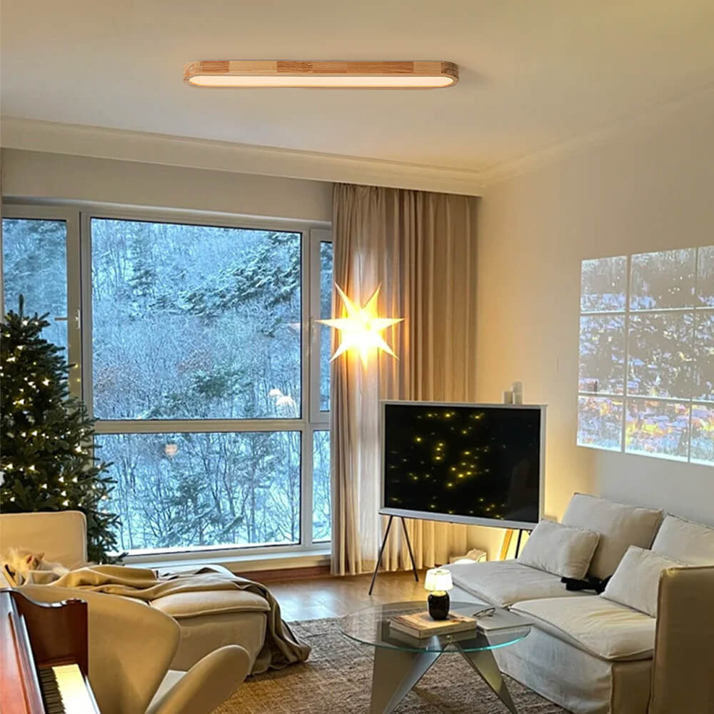 Oval LED Flush Mount Ceiling Light with Wood-Look Frame 37 in Dimmable Kitchen & Living Room Remote Fixture
