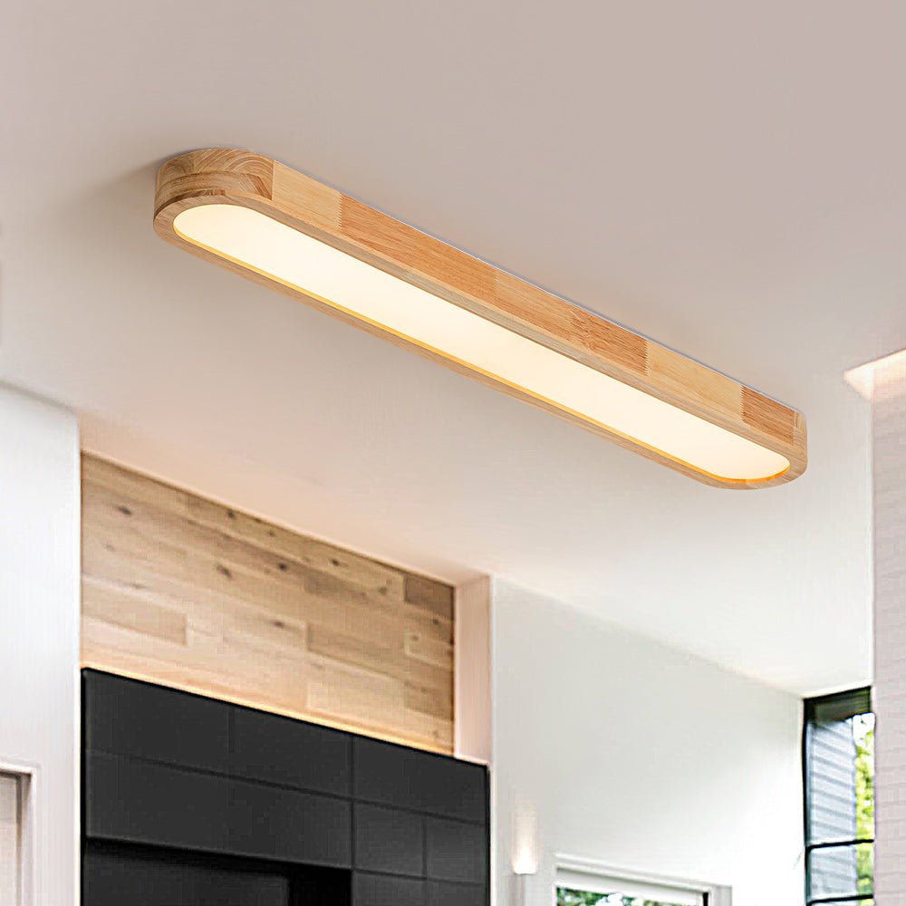 Oval LED Flush Mount Ceiling Light with Wood-Look Frame 37 in Dimmable Kitchen & Living Room Remote Fixture