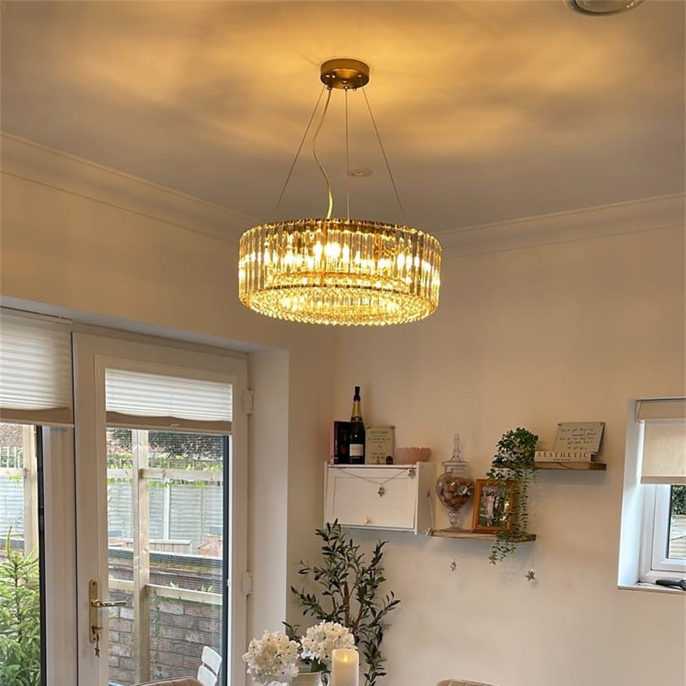 Suspension à six lumières avec cristaux facettés et cadre en métal pour salles à manger, entrées et espaces de vie – Hauteur réglable, culot E14, ver