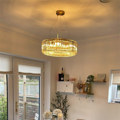 Suspension à six lumières avec cristaux facettés et cadre en métal pour salles à manger, entrées et espaces de vie – Hauteur réglable, culot E14, ver