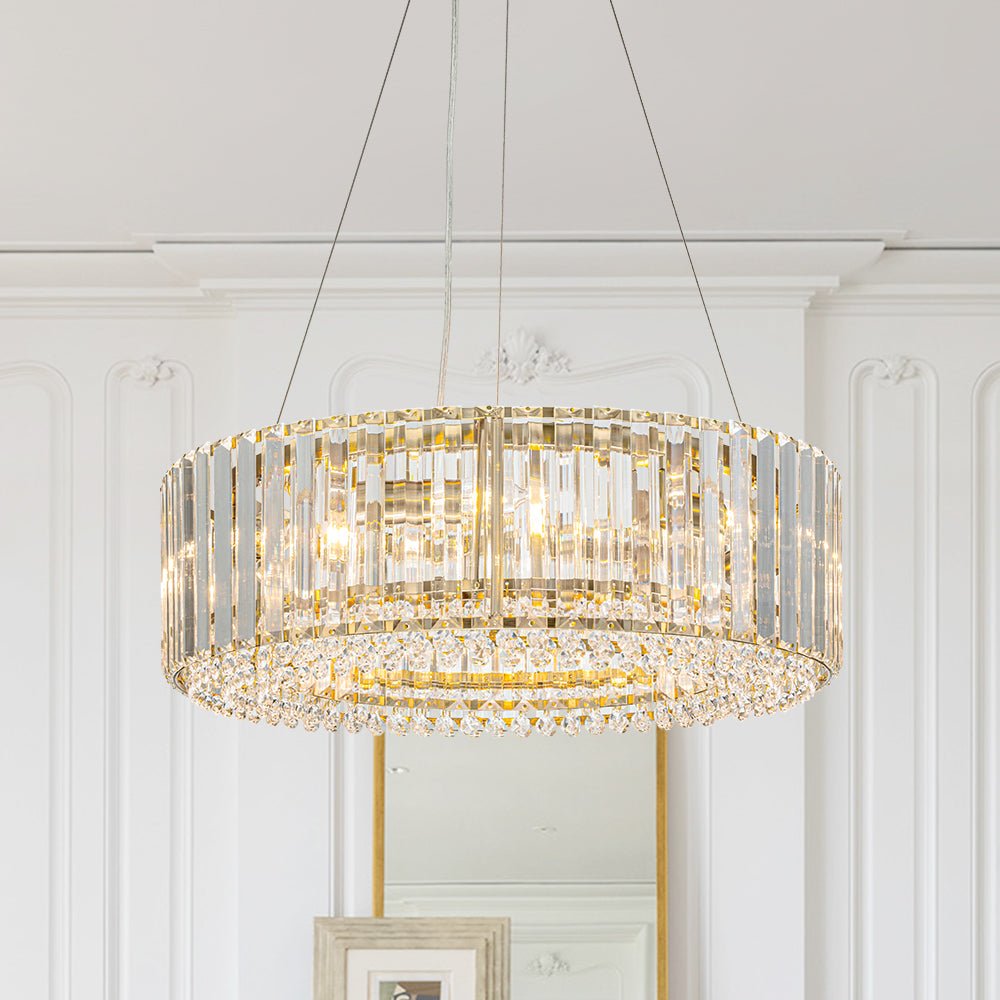 Suspension à six lumières avec cristaux facettés et cadre en métal pour salles à manger, entrées et espaces de vie – Hauteur réglable, culot E14, ver