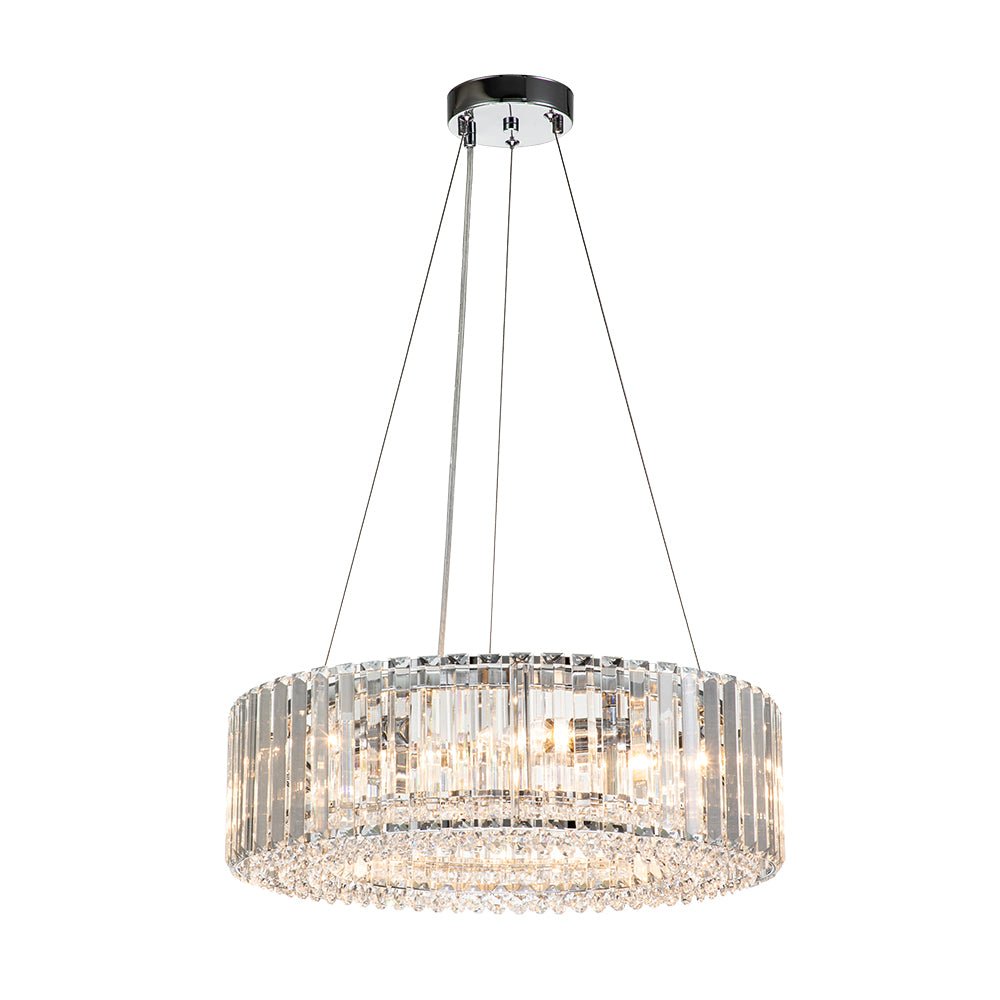 Suspension à six lumières avec cristaux facettés et cadre en métal pour salles à manger, entrées et espaces de vie – Hauteur réglable, culot E14, ver