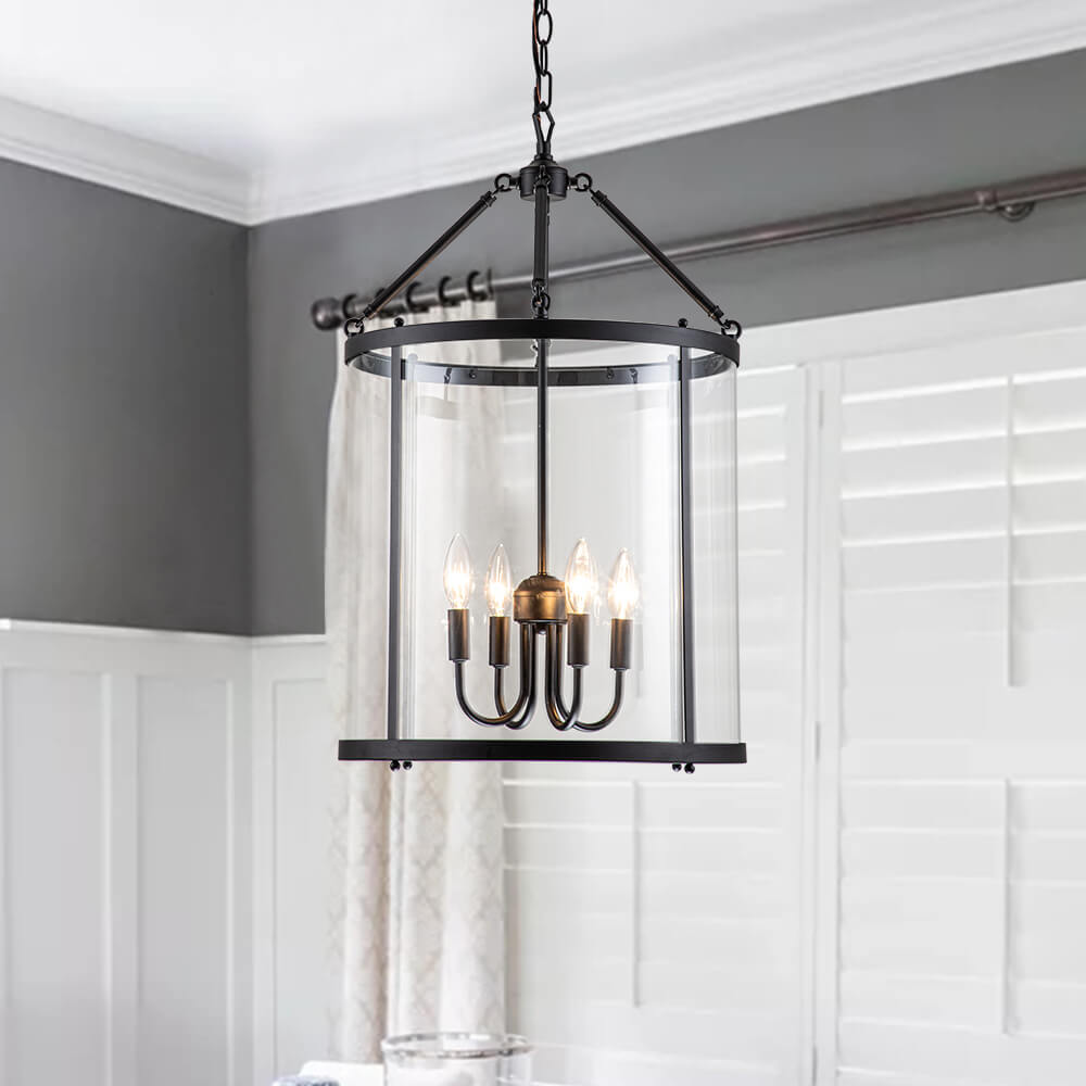 Glass Lantern Pendant Light 18-Inch Cylinder 4-Bulb Fixture Adjustable Chain Dining Table Kitchen Island Foyer Hanging Lamp E14 Socket Dimma