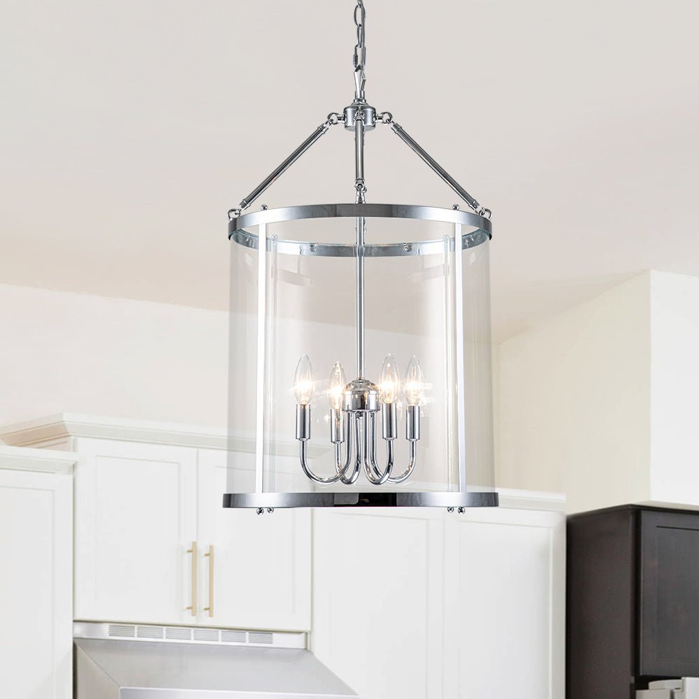 Glass Lantern Pendant Light 18-Inch Cylinder 4-Bulb Fixture Adjustable Chain Dining Table Kitchen Island Foyer Hanging Lamp E14 Socket Dimma