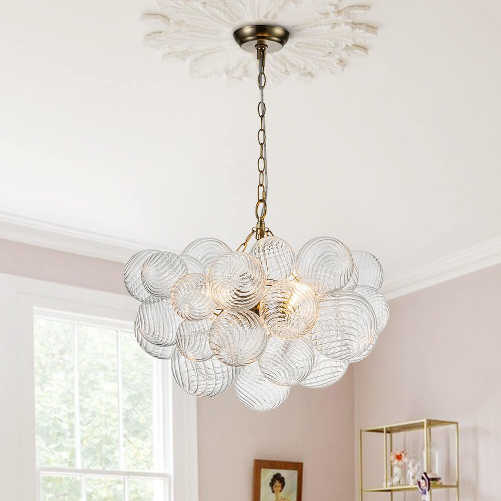 Multi-Globe Glass Chandelier Brass Finish Adjustable Height Ceiling Light for Dining Room Kitchen Island Modern Sphere Lighting Fixture 3 or