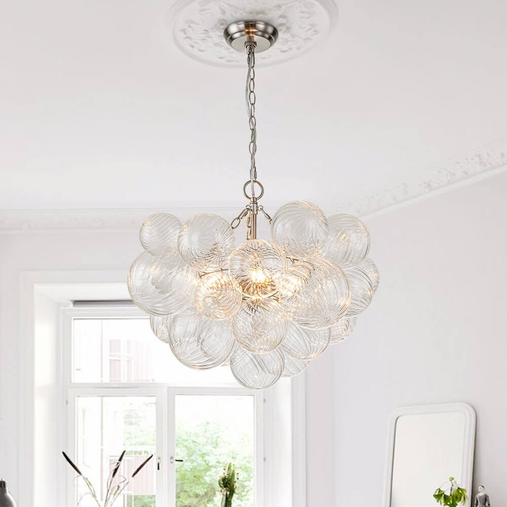 Multi-Globe Glass Chandelier Brass Finish Adjustable Height Ceiling Light for Dining Room Kitchen Island Modern Sphere Lighting Fixture 3 or