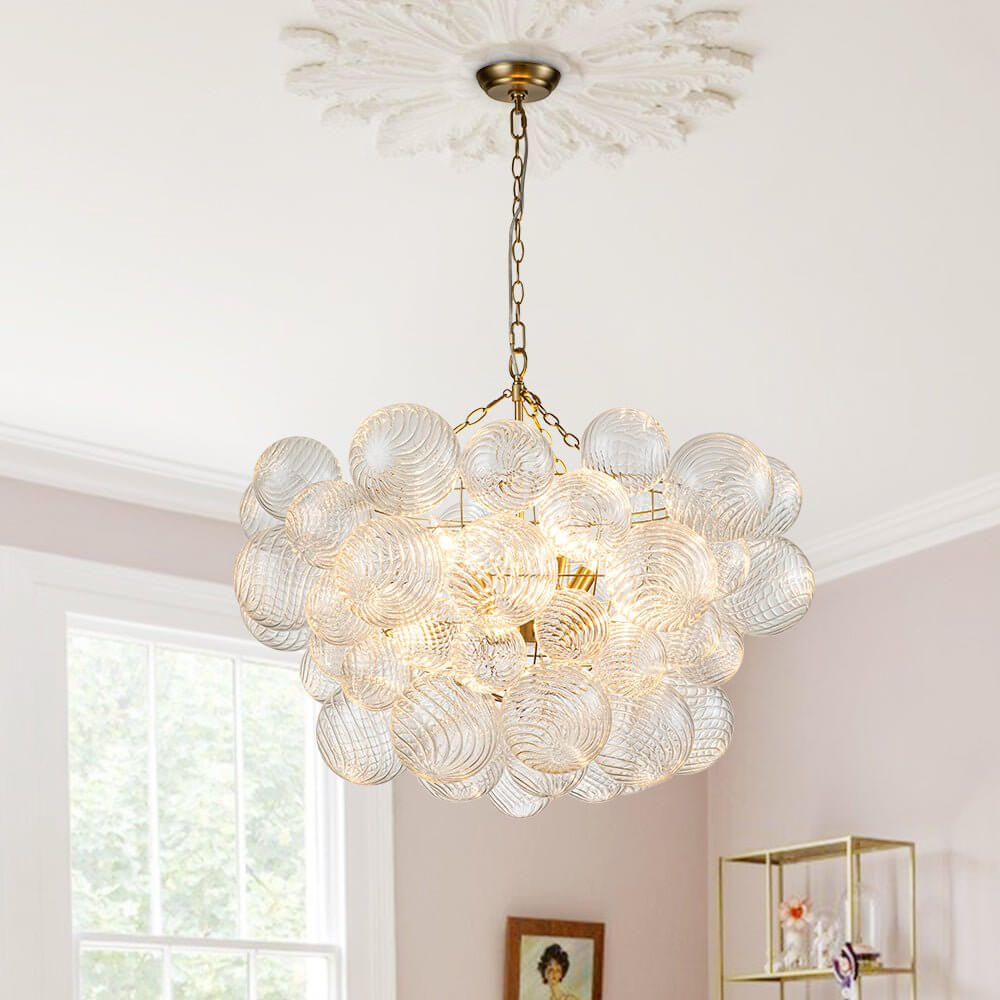Multi-Globe Glass Chandelier Brass Finish Adjustable Height Ceiling Light for Dining Room Kitchen Island Modern Sphere Lighting Fixture 3 or
