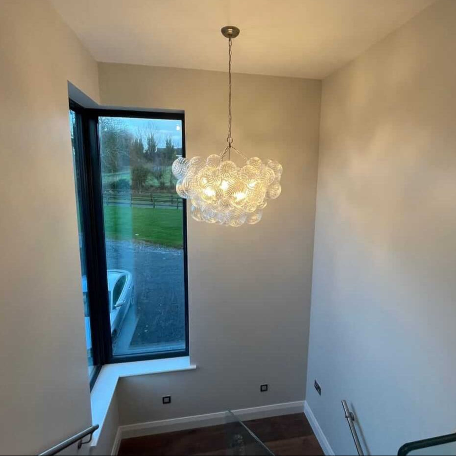 Multi-Globe Glass Chandelier Brass Finish Adjustable Height Ceiling Light for Dining Room Kitchen Island Modern Sphere Lighting Fixture 3 or