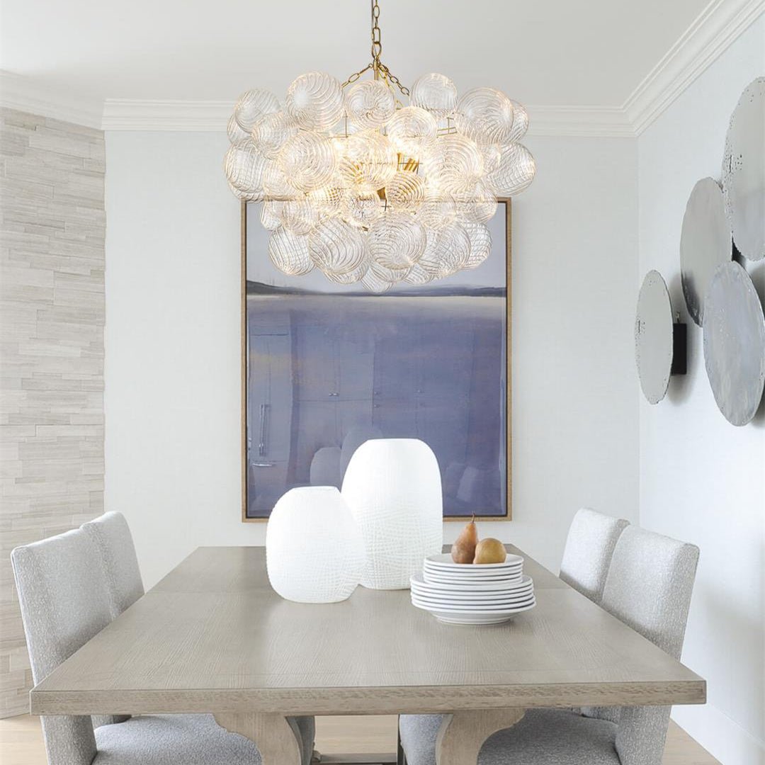 Multi-Globe Glass Chandelier Brass Finish Adjustable Height Ceiling Light for Dining Room Kitchen Island Modern Sphere Lighting Fixture 3 or