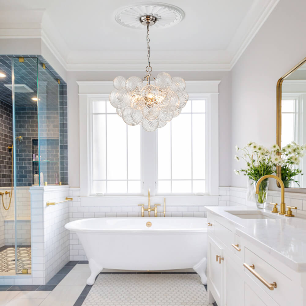 Multi-Globe Glass Chandelier Brass Finish Adjustable Height Ceiling Light for Dining Room Kitchen Island Modern Sphere Lighting Fixture 3 or