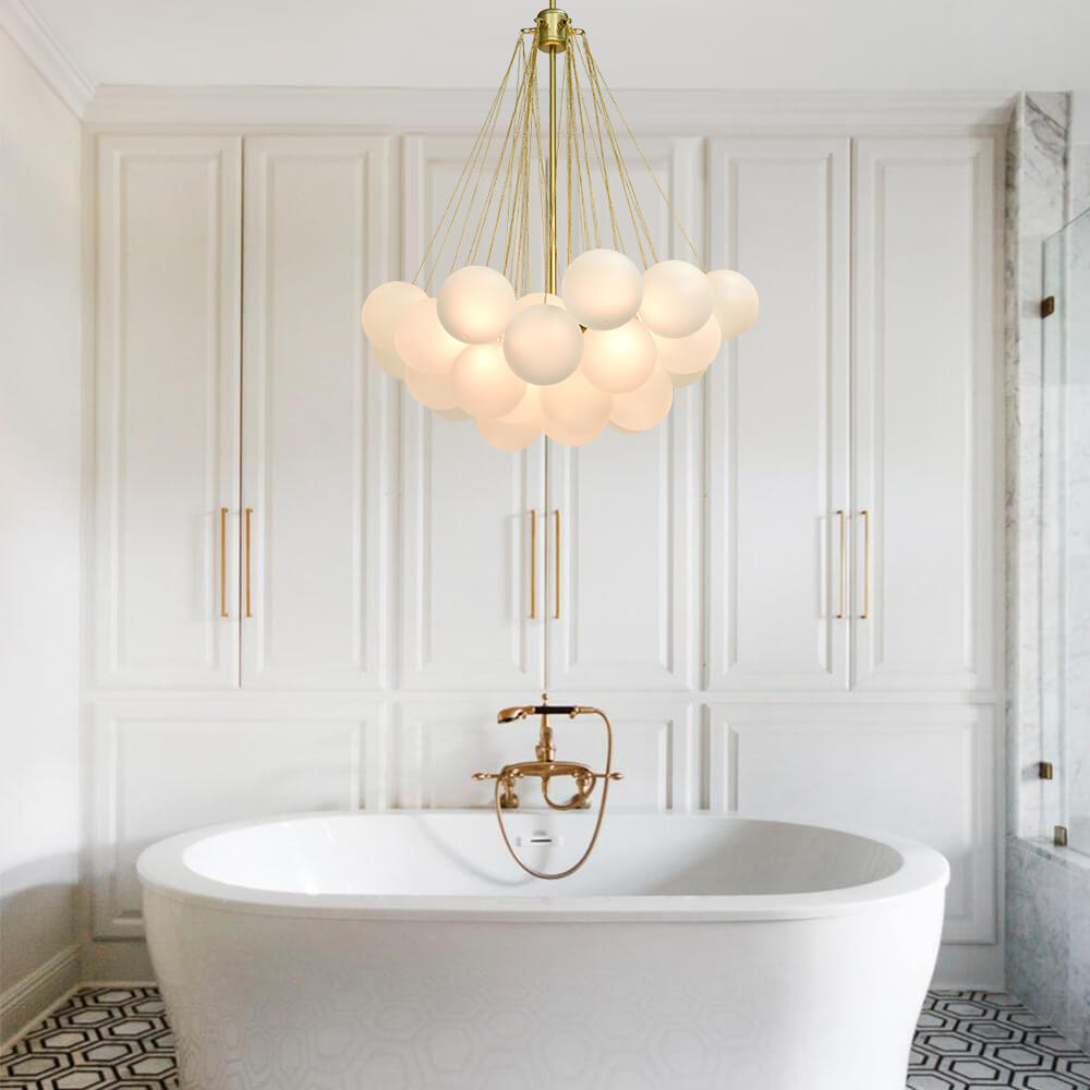Multi-Sphere Glass Chandelier 31 in Width Adjustable Height for Dining Kitchen Living Room 3-Light Frosted Globe Cluster Overhead Fixture Di