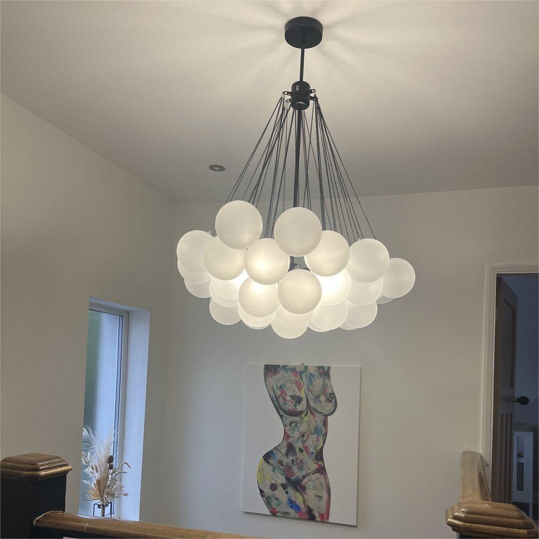 Multi-Sphere Glass Chandelier 31 in Width Adjustable Height for Dining Kitchen Living Room 3-Light Frosted Globe Cluster Overhead Fixture Di