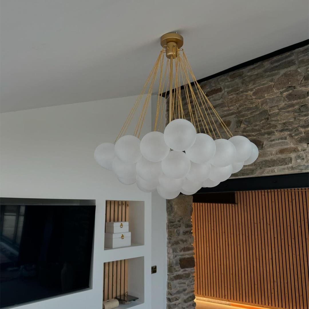 Multi-Sphere Glass Chandelier 31 in Width Adjustable Height for Dining Kitchen Living Room 3-Light Frosted Globe Cluster Overhead Fixture Di