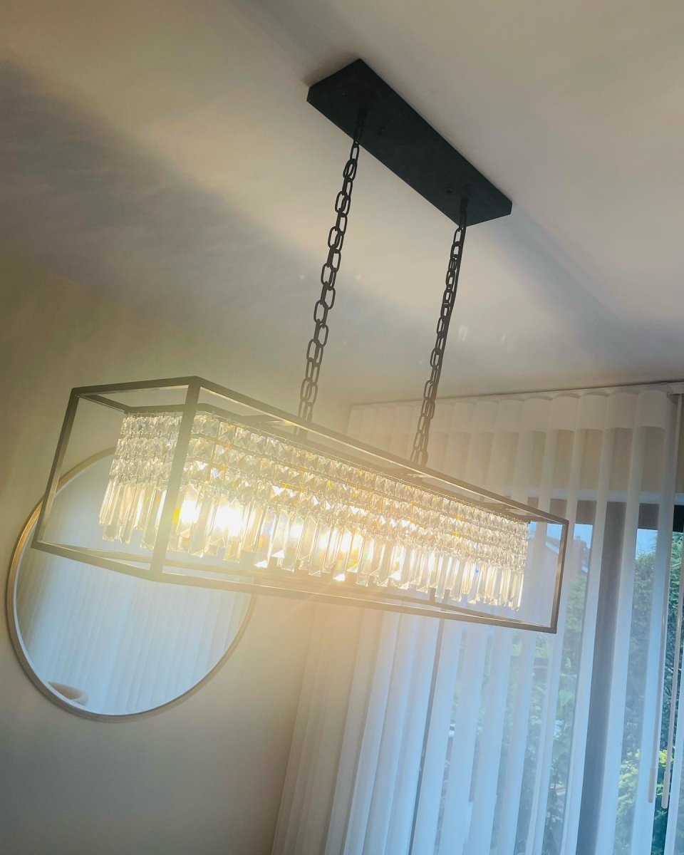 Linear Five-Light Hanging Fixture Black Metal Crystal Glass 35 inch for Kitchen Island Dining Room Table Adjustable Drop Ceiling Lamp Modern